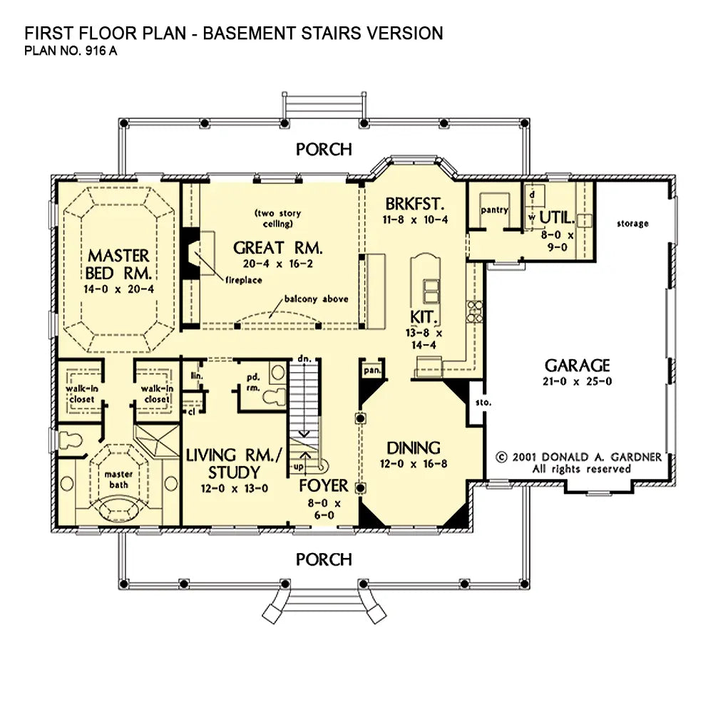 This is the first floor plan image for brick house plan 916 The Hickory Ridge if the home is built over a basement