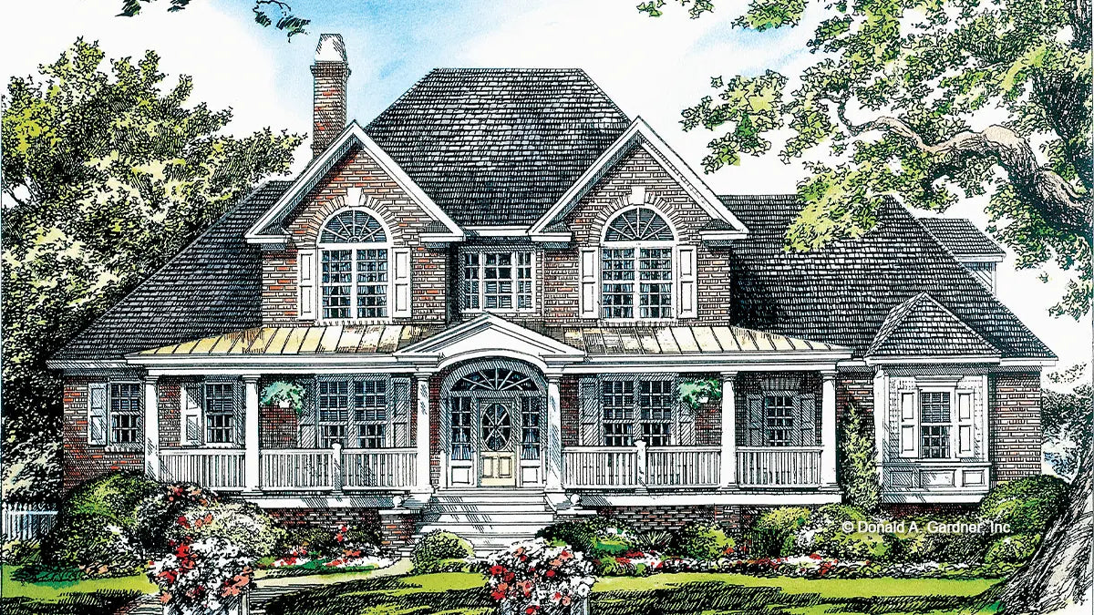 This is an illustration of the front of farmhouse house plan 916 The Hickory Ridge