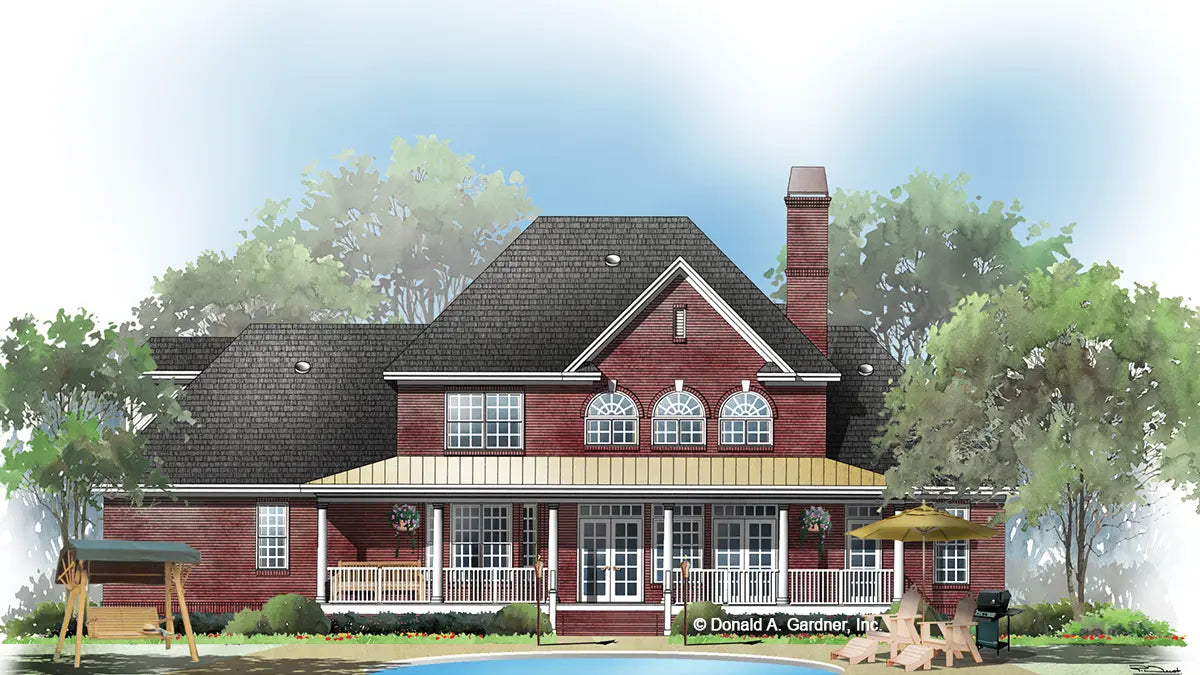 This is an illustration of the rear of brick house plan 916 The Hickory Ridge