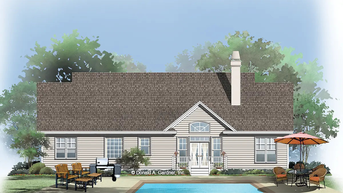 This is an illustration of the rear of ranch house plan 713 The High Pointe