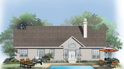 This is an illustration of the rear of ranch house plan 713 The High Pointe