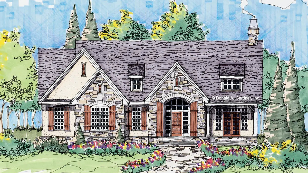 This is an illustration of the front of walkout basement house plan 852 The Highlands 