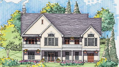 This is an illustration of the rear of rustic house plan 852 The Highlands