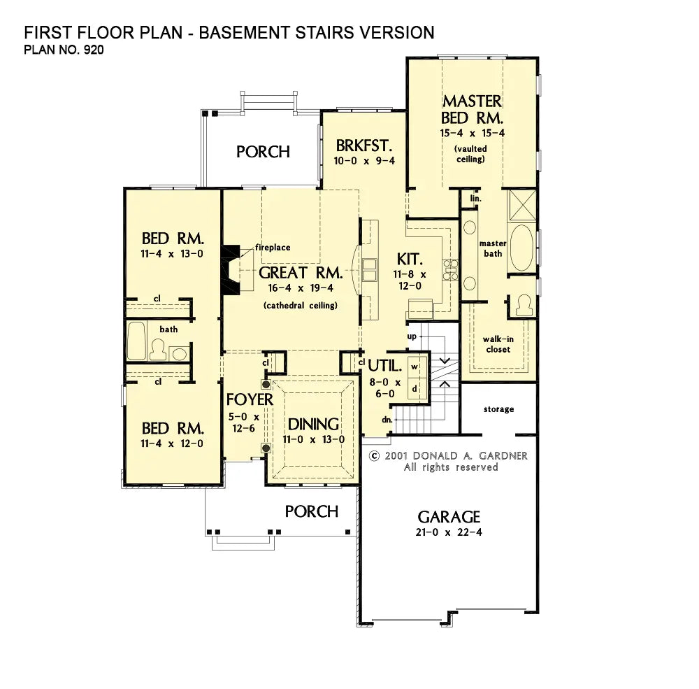 This is the first floor plan image for cottage house plan 920 The Hillandale if the home is built over a basement