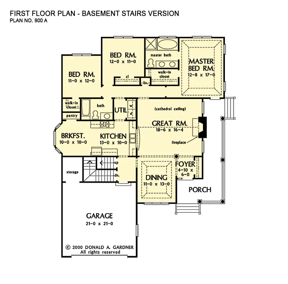 This is the first floor plan image for three bedroom house plan 900 The Holcombe if the home is built over a basement