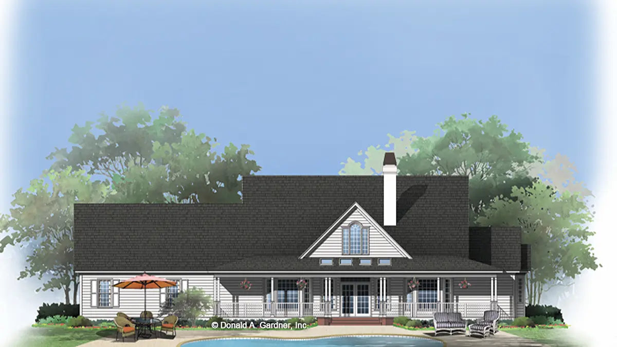 This is an illustration of the rear of farmhouse house plan 1140 The Hollandale