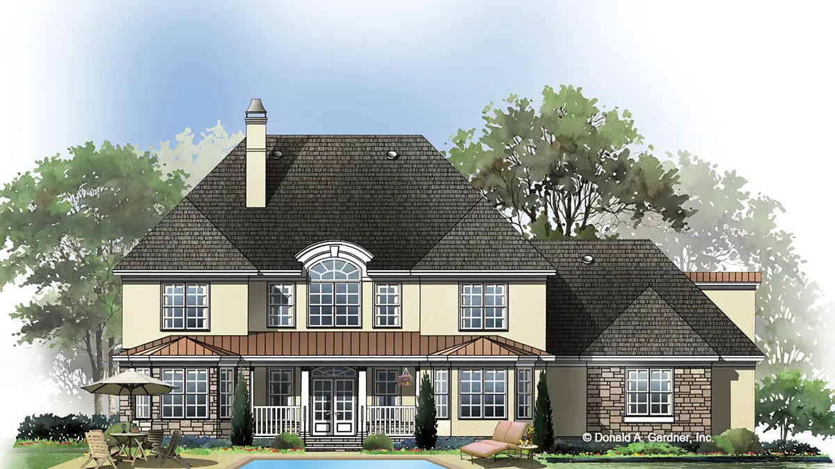 This is an illustration of the rear of five bedroom house plan 990 The Hollingbourne