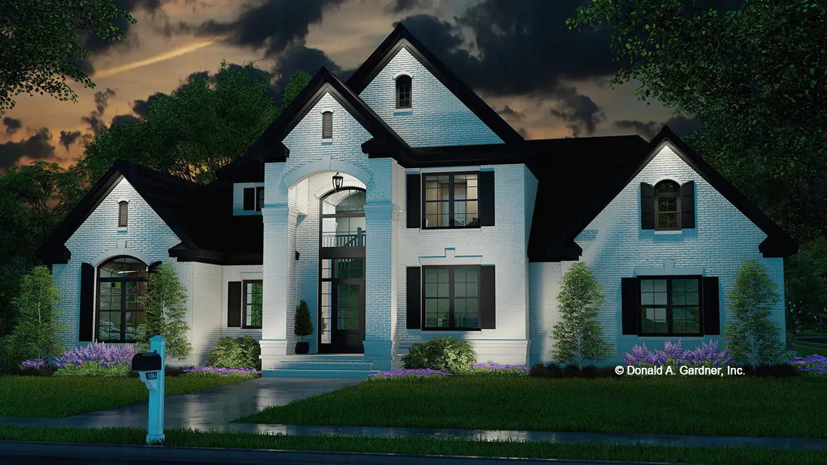 This is an illustration of the front of two story house plan 1064 The Holloway at dusk