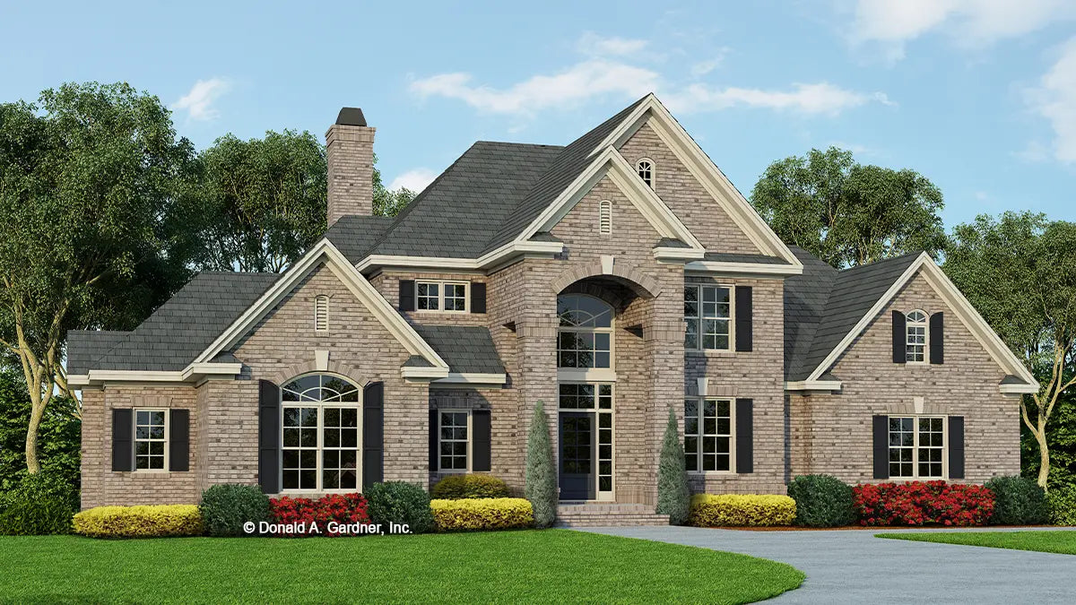 This is an illustration of the front of brick house plan 1064 The Holloway