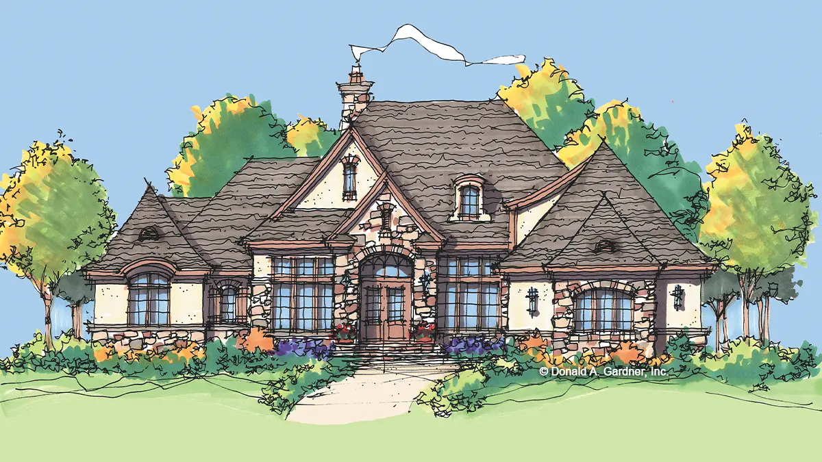 Front view illustration. The Hollowcrest plan 5019.