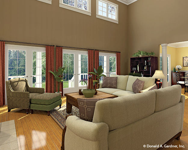 This is a great room photo as built by a customer for farmhouse plan 864 The Hollyhock