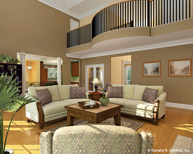 This is a great room picture as built by a customer for farmhouse plan 864 The Hollyhock