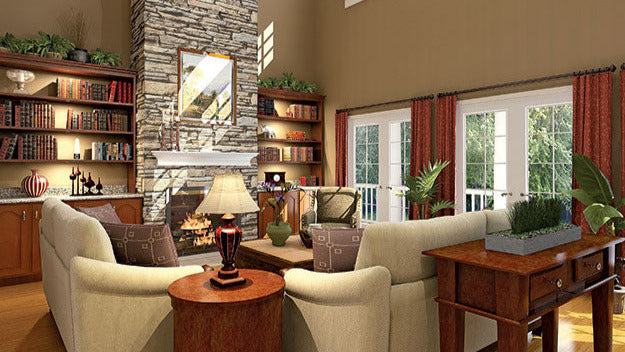 This is a customer photo of the great room and fireplace for farmhouse plan 864 The Hollyhock