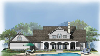 This is an illustration of the rear of farmhouse plan 864 The Hollyhock