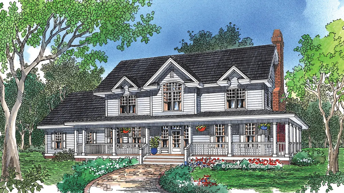 This is an illustration of the front of four bedroom house plan 738 The Homestead 