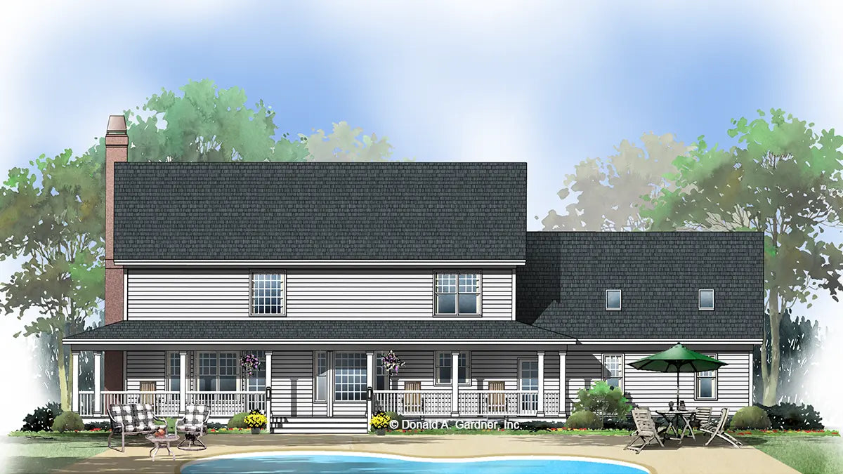 This is an illustration of the rear of farmhouse house plan 738 The Homestead