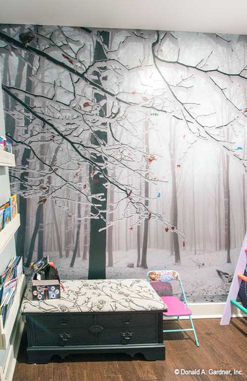 Snowy forest mural in the bedroom. The Hunter Creek plan 1326.