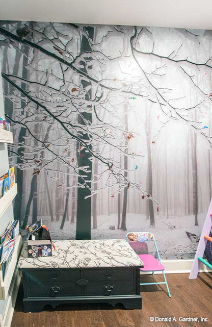 Snowy forest mural in the bedroom. The Hunter Creek plan 1326.