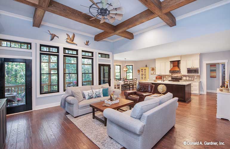 Wood beam coffered ceiling in the great room. The Hunter Creek plan 1326.