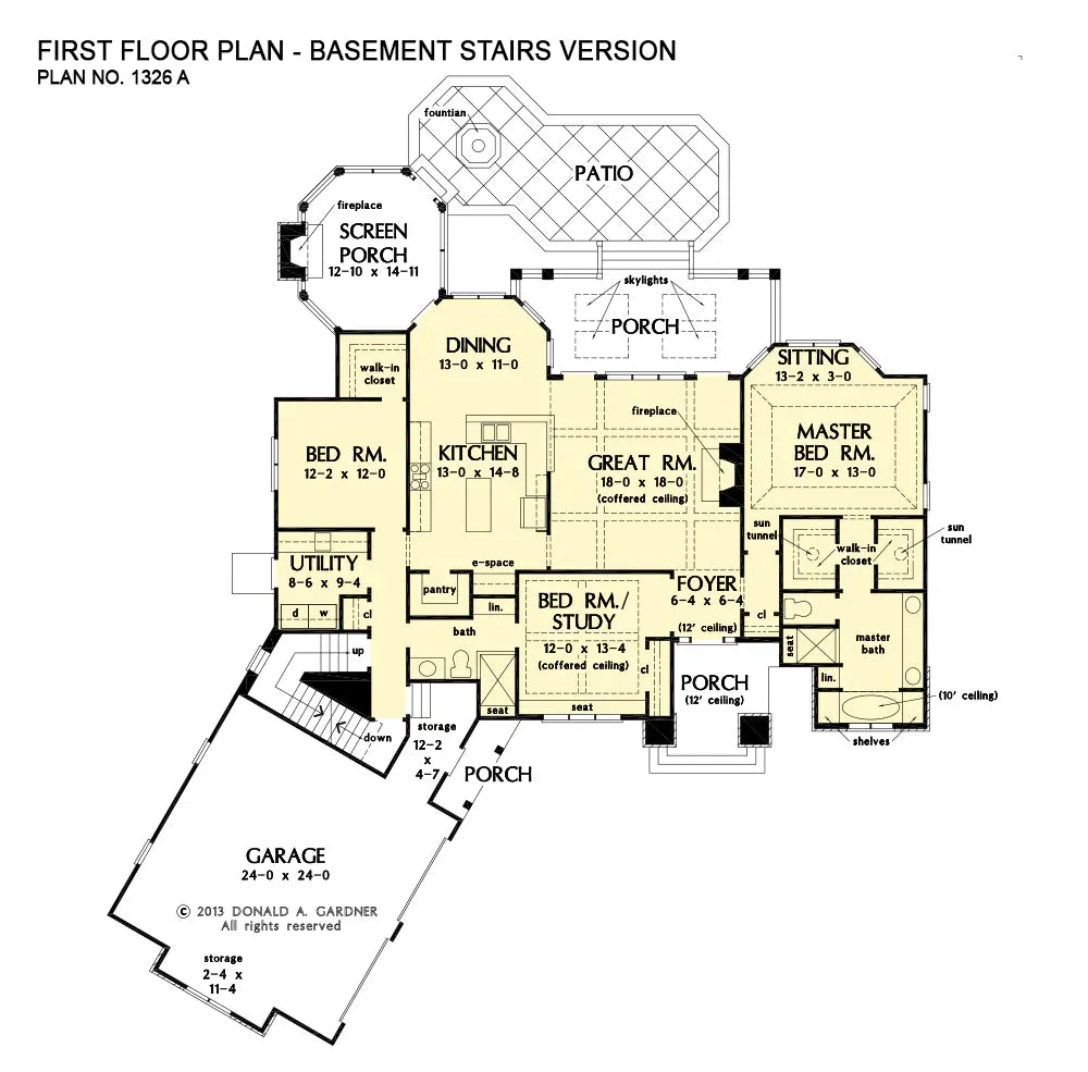 This is the first floor plan image for rustic house plan 1326 The Hunter Creek if the home is built over a basement