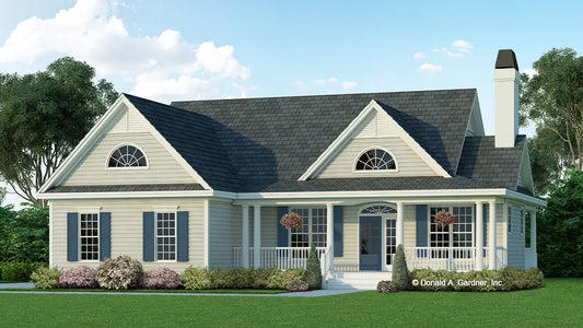 This is an illustration of the front of small house plan 714 The Huntington