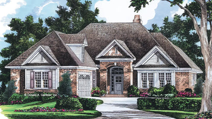 Two gable topped box bay windows and a dramatic brick entryway create a striking facade against the hipped roof of this 3-bedroom brick one-story home