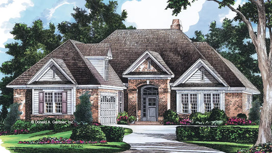 Two gable topped box bay windows and a dramatic brick entryway create a striking facade against the hipped roof of this 3-bedroom brick one-story home