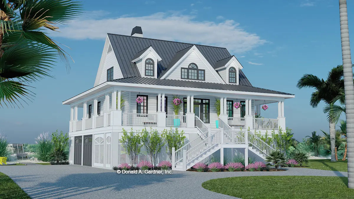 This is an illustration of the front of low country house plan 856 The Hyacinth