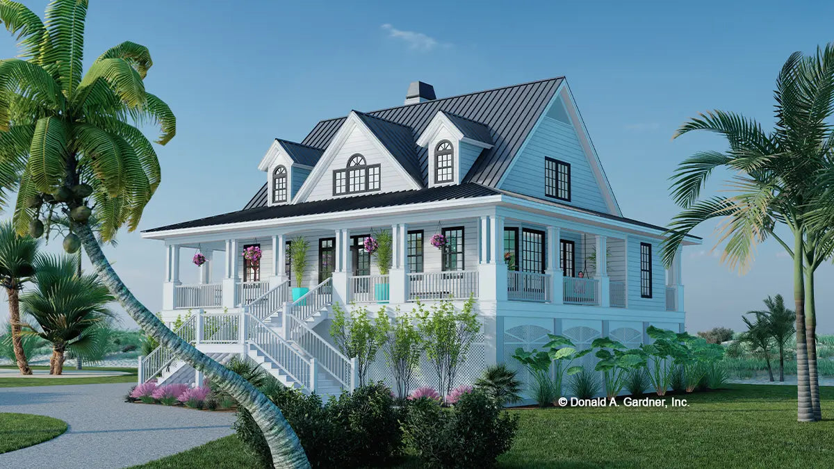 This is an illustration of the front of low country house plan 856 The Hyacinth