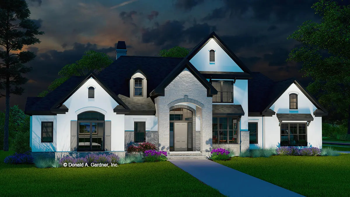 This is an illustration of the front of two story house plan 816 The Hyde Park at dusk