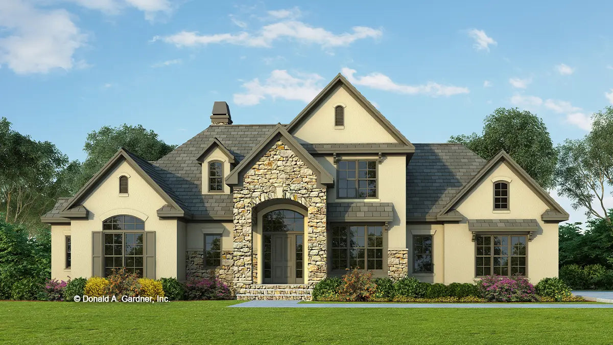 This is an illustration of the front of European house plan 816 The Hyde Park