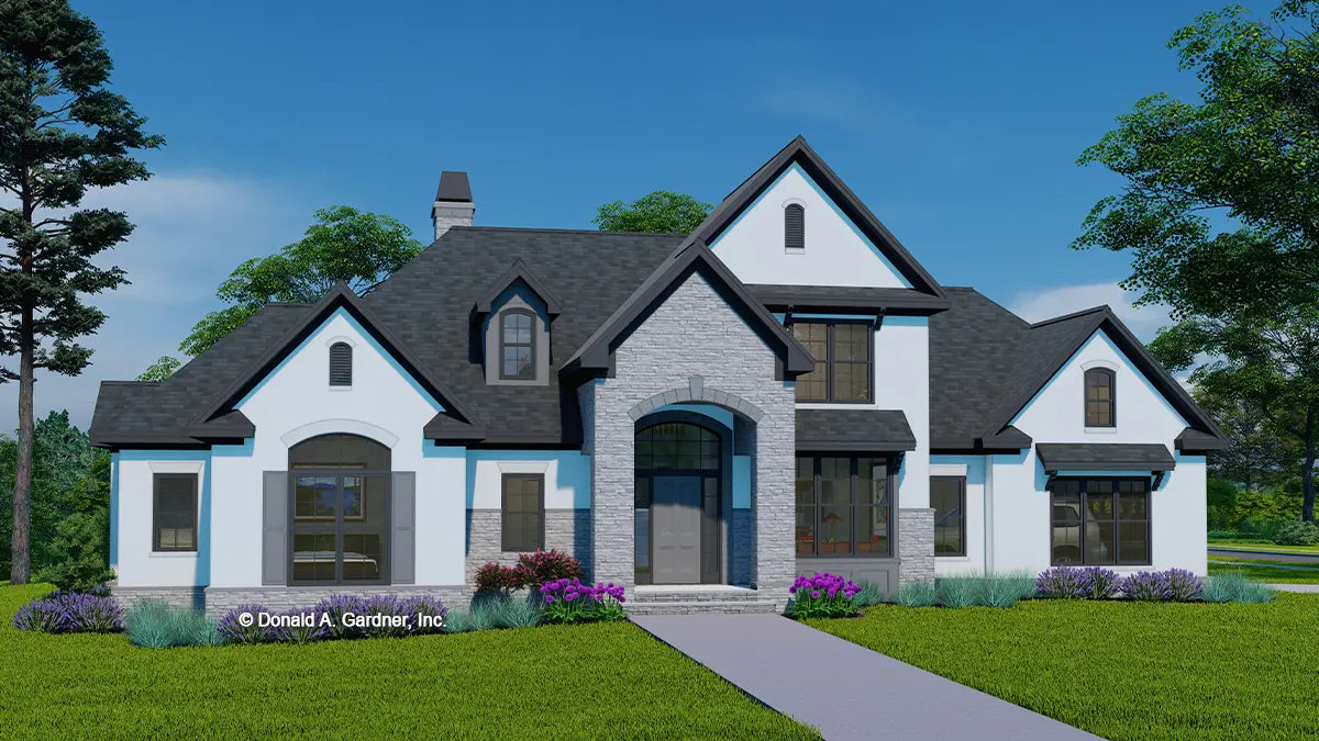 This is an illustration of the front of European house plan 816 The Hyde Park