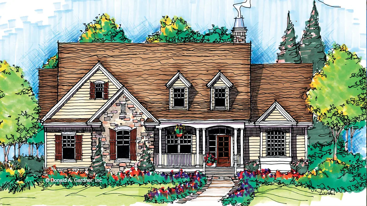 This is an illustration of the front of small house plan 831 The Idlewild