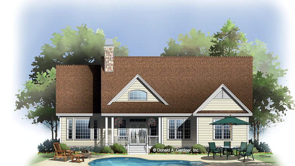 This is an illustration of the rear of three bedroom house plan 831 The Idlewild