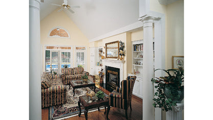 Built in bookcases beside the fireplace in the great room. The Ingraham plan 332.