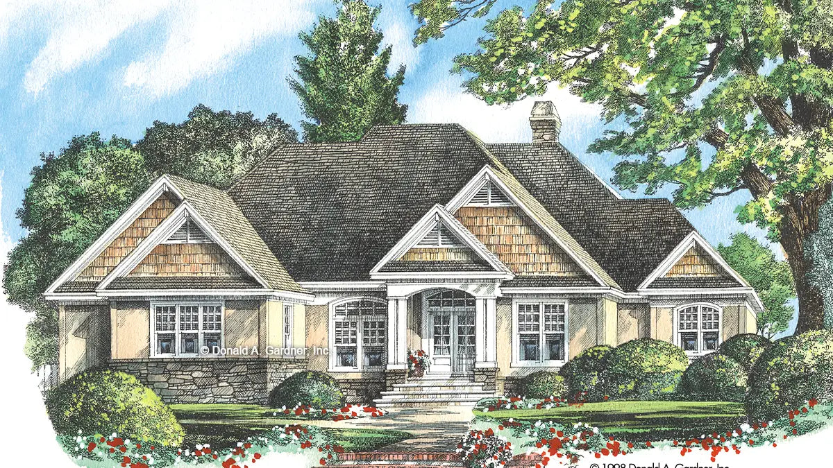 This is an illustration of the front of craftsman house plan 727 The Indigo