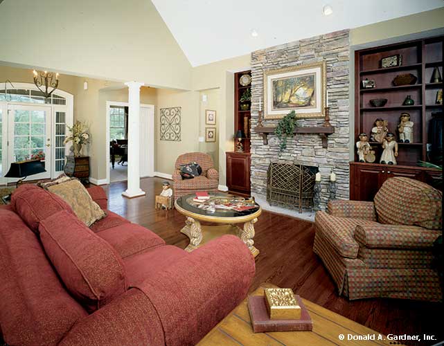 This is a photograph of the great room of one story house plan 727 The Indigo as built by a customer