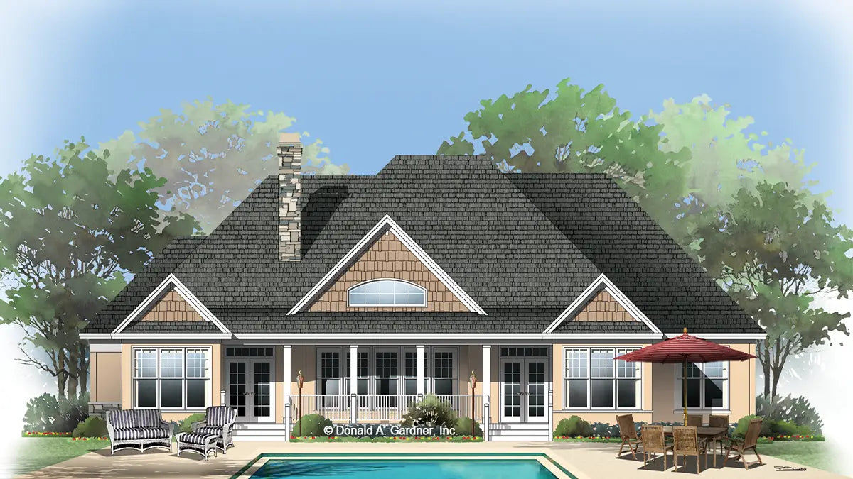 This is a photograph of the rear of one story house plan 727 The Indigo as built by a customer