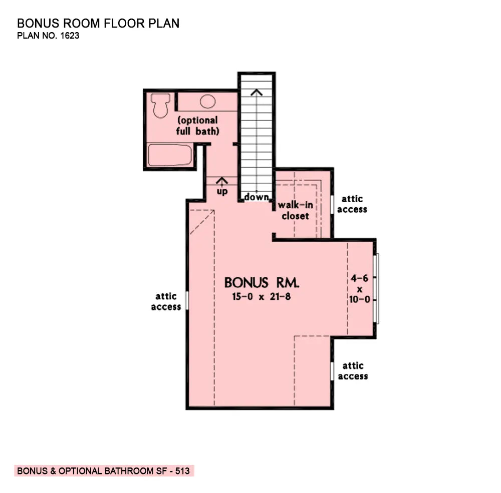 This is the bonus room floor plan image for four bedroom house plan 1623 The Ingrid