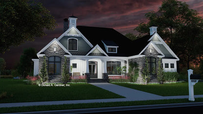 This is an illustration of the front of four bedroom house plan 1623 The Ingrid at dusk