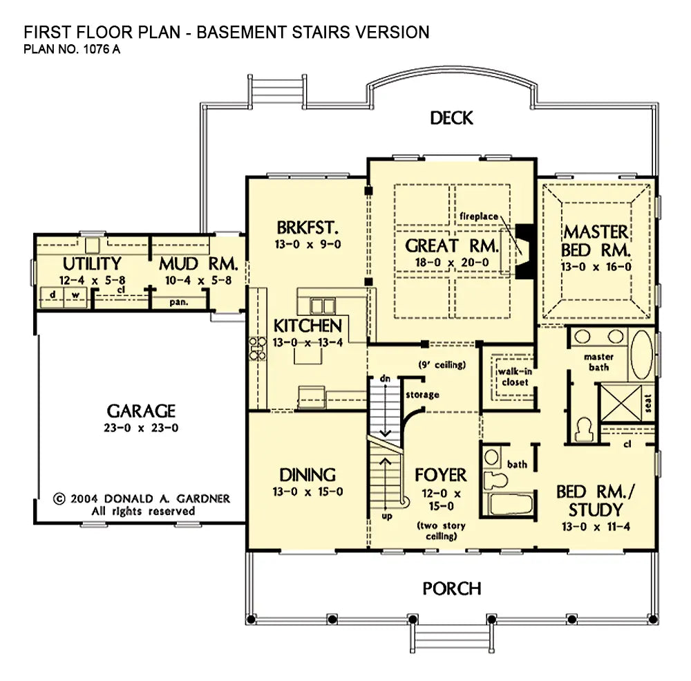 main floor plan showing the alterations made to the stairs for access to the optional basement