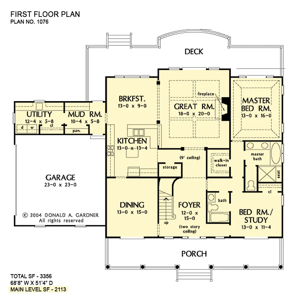 first floor layout, front porch as wide as the home, central front door, large great room beyond with fireplace on right and open to the kitchen and breakfast nook to the left