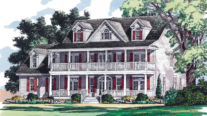 white home with red shutters, front portch and front balcony above with proment doormers