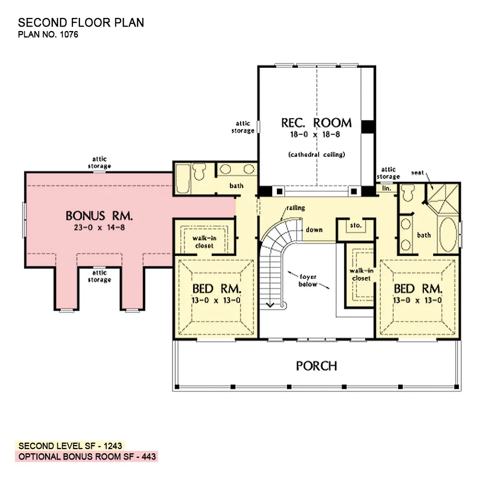 second flor plan with 2 bedrooms, two bats, a rec room, and a large bonus room over the garage