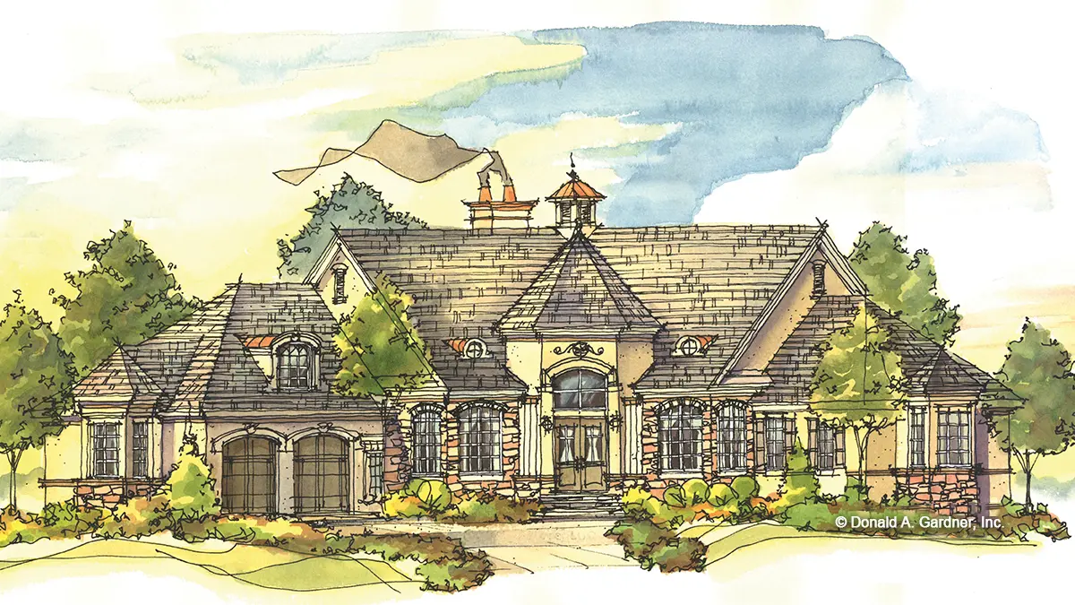 Front view illustration. The Iverness Manor plan 5008.