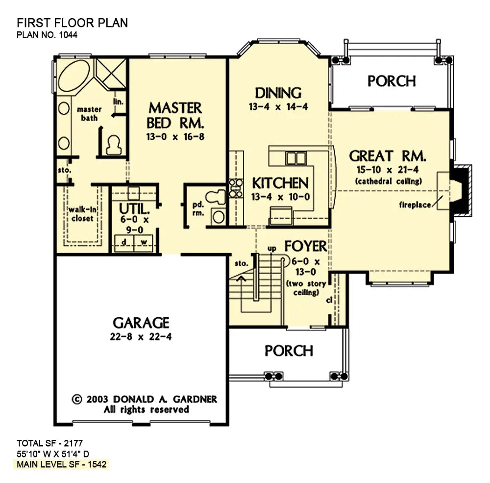 first floor layout with a 2 car garage, large great room with fireplace and breakfast bar in the kitchen