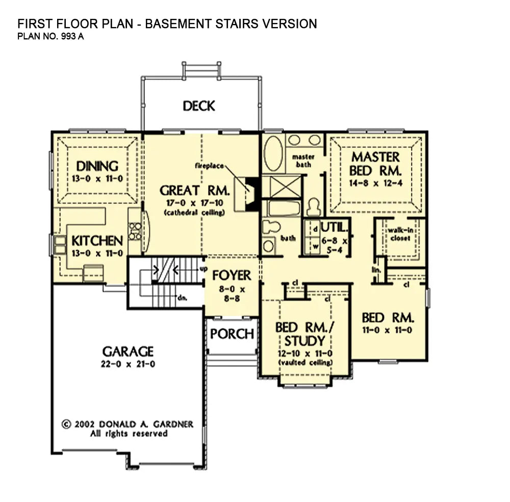 This is the first floor plan image for three bedroom house plan 993 The Irby if the home is built over a basement