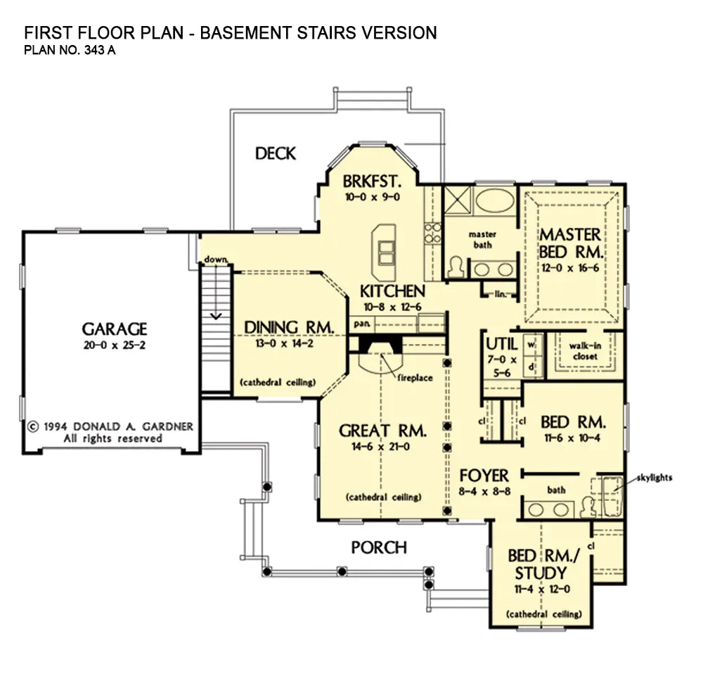 This is the first floor plan image for three bedroom house plan 346 The Ireland if the home is built over a basement