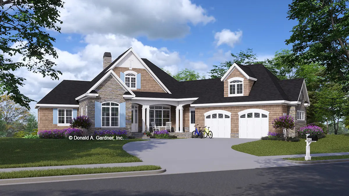 This is an illustration of the front of Rustic Walkout Basement house plan 1331 The Ironwood