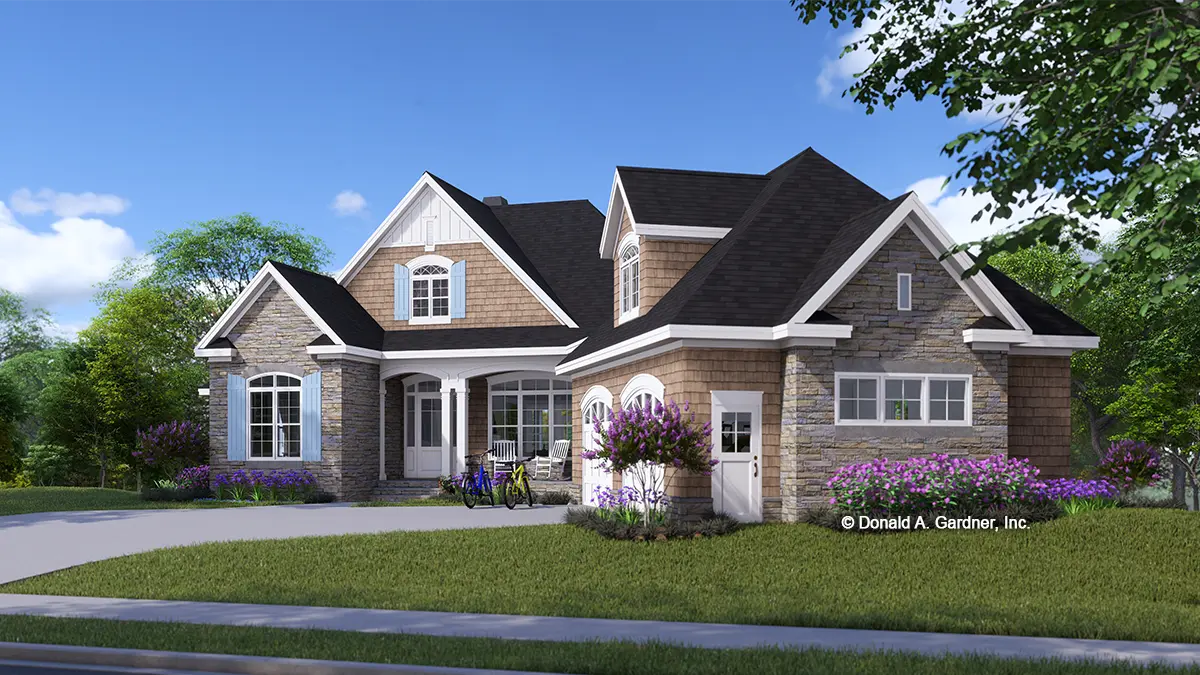 This is an alternative view of the front of Rustic Walkout Basement house plan 1331 The Ironwood